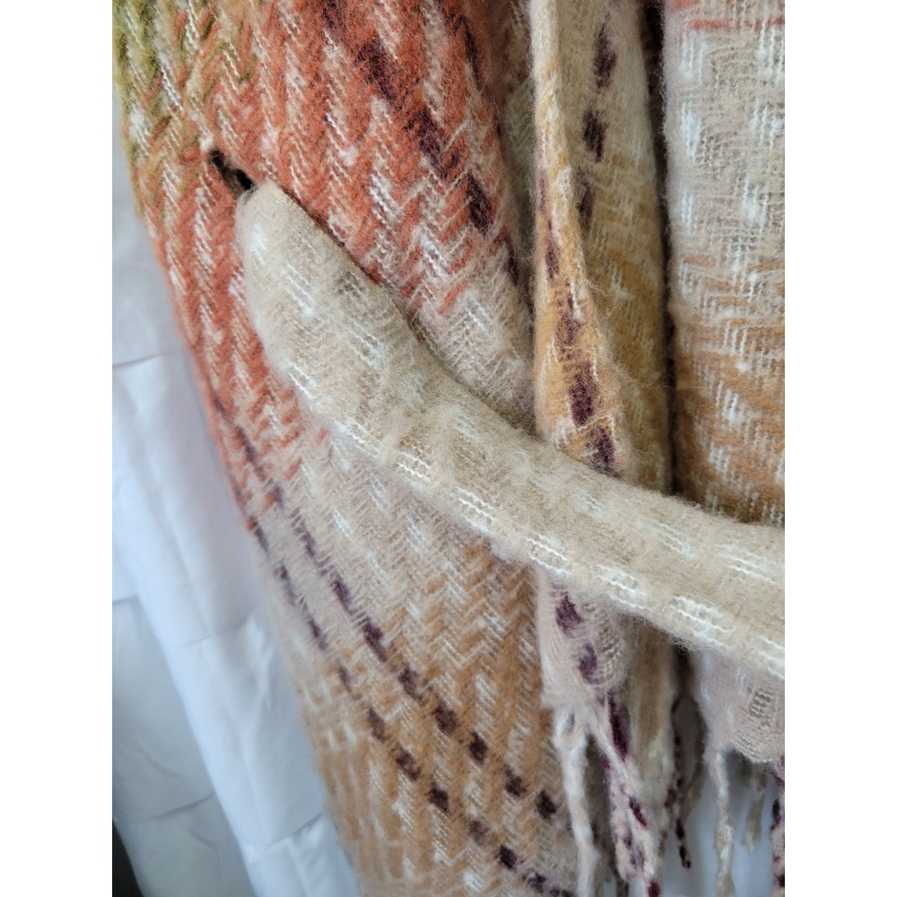 Cato Plaid Poncho Wrap Shawl Tan Orange Green Fringed Belted One Size OS 1608 - Picture 4 of 4